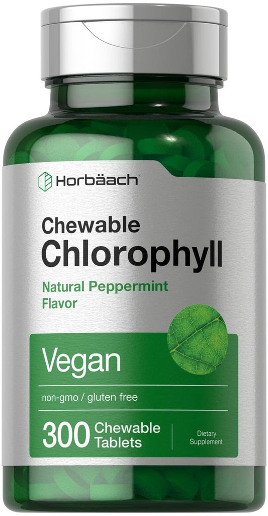 Horbäach Chlorophyll Tabletten | 300 Kautabletten mit natürlichem Pfefferminzgeschmack | Vegan, Nicht-GVO & Glutenfrei