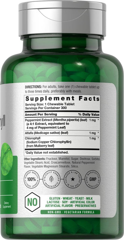 Horbäach Chlorophyll Tabletten | 300 Kautabletten mit natürlichem Pfefferminzgeschmack | Vegan, Nicht-GVO & Glutenfrei
