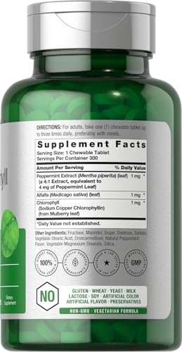 Horbäach Chlorophyll Tabletten | 300 Kautabletten mit natürlichem Pfefferminzgeschmack | Vegan, Nicht-GVO & Glutenfrei