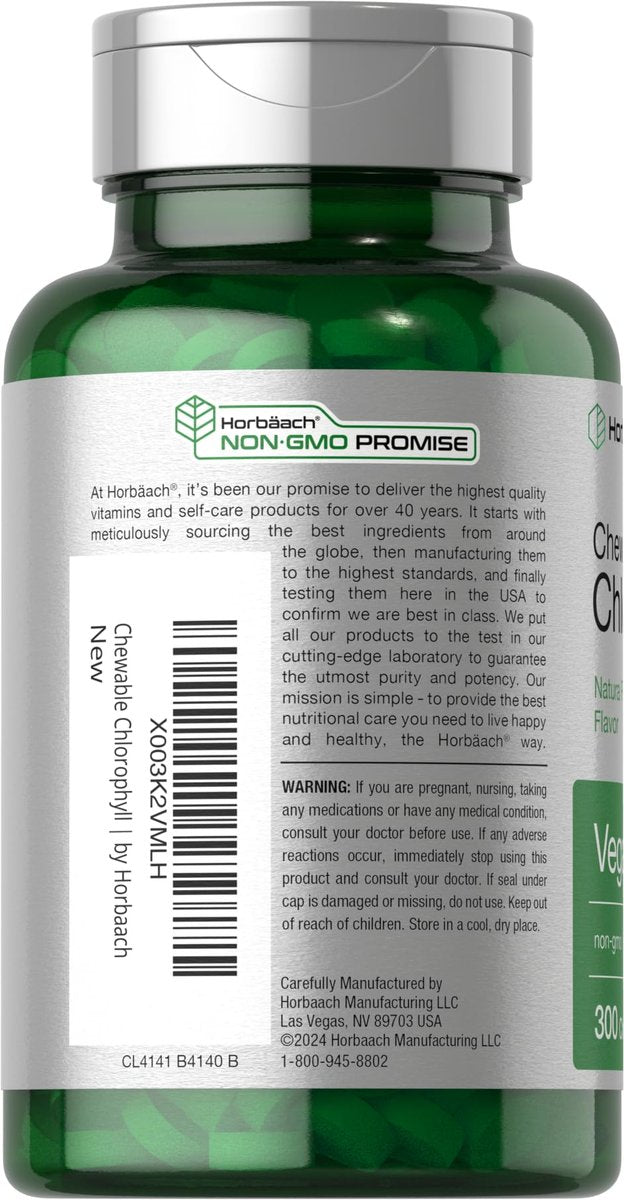 Horbäach Chlorophyll Tabletten | 300 Kautabletten mit natürlichem Pfefferminzgeschmack | Vegan, Nicht-GVO & Glutenfrei