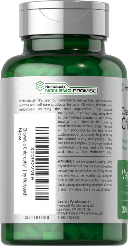 Horbäach Chlorophyll Tabletten | 300 Kautabletten mit natürlichem Pfefferminzgeschmack | Vegan, Nicht-GVO & Glutenfrei