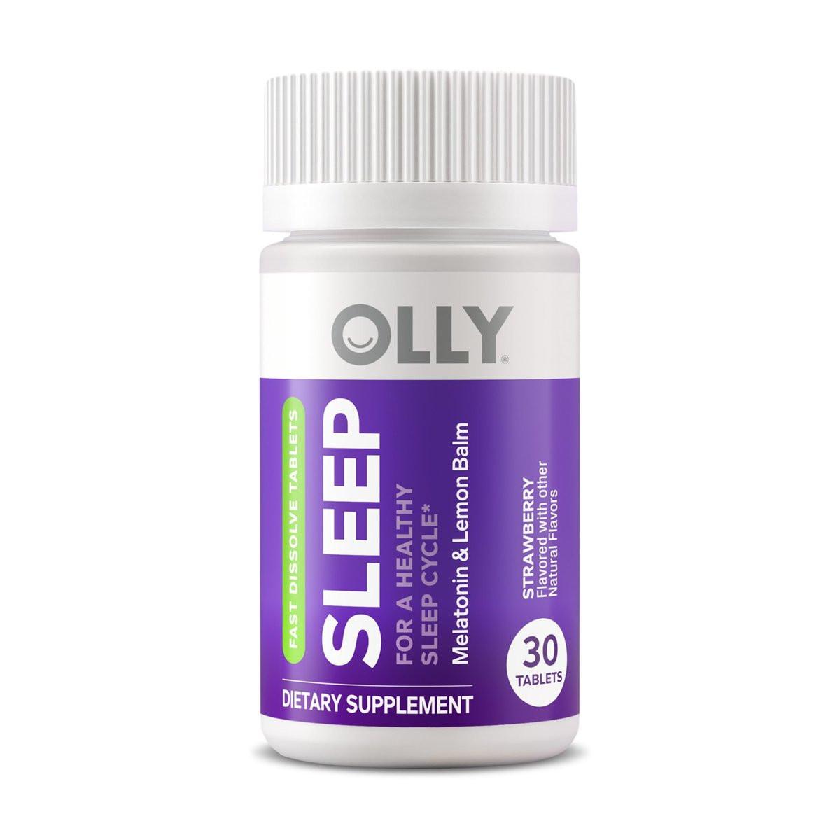 OLLY Sleep Fast Dissolves – 3 mg Melatonin mit Zitronenmelisse, Erdbeergeschmack, 30 Tagesvorrat – 30 Stück