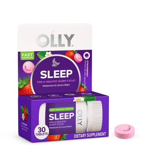 OLLY Sleep Fast Dissolves – 3 mg Melatonin mit Zitronenmelisse, Erdbeergeschmack, 30 Tagesvorrat – 30 Stück