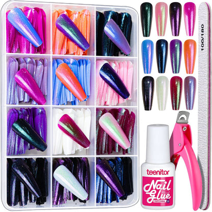 Teenitor Lange Press On Nägel, Chrom Press On Nägel, 288 Stück Lange Sargballerina-Falschnägel, 12 Farben, Vollabdeckung, Klebenägel, holografisch, metallisch, Spiegel