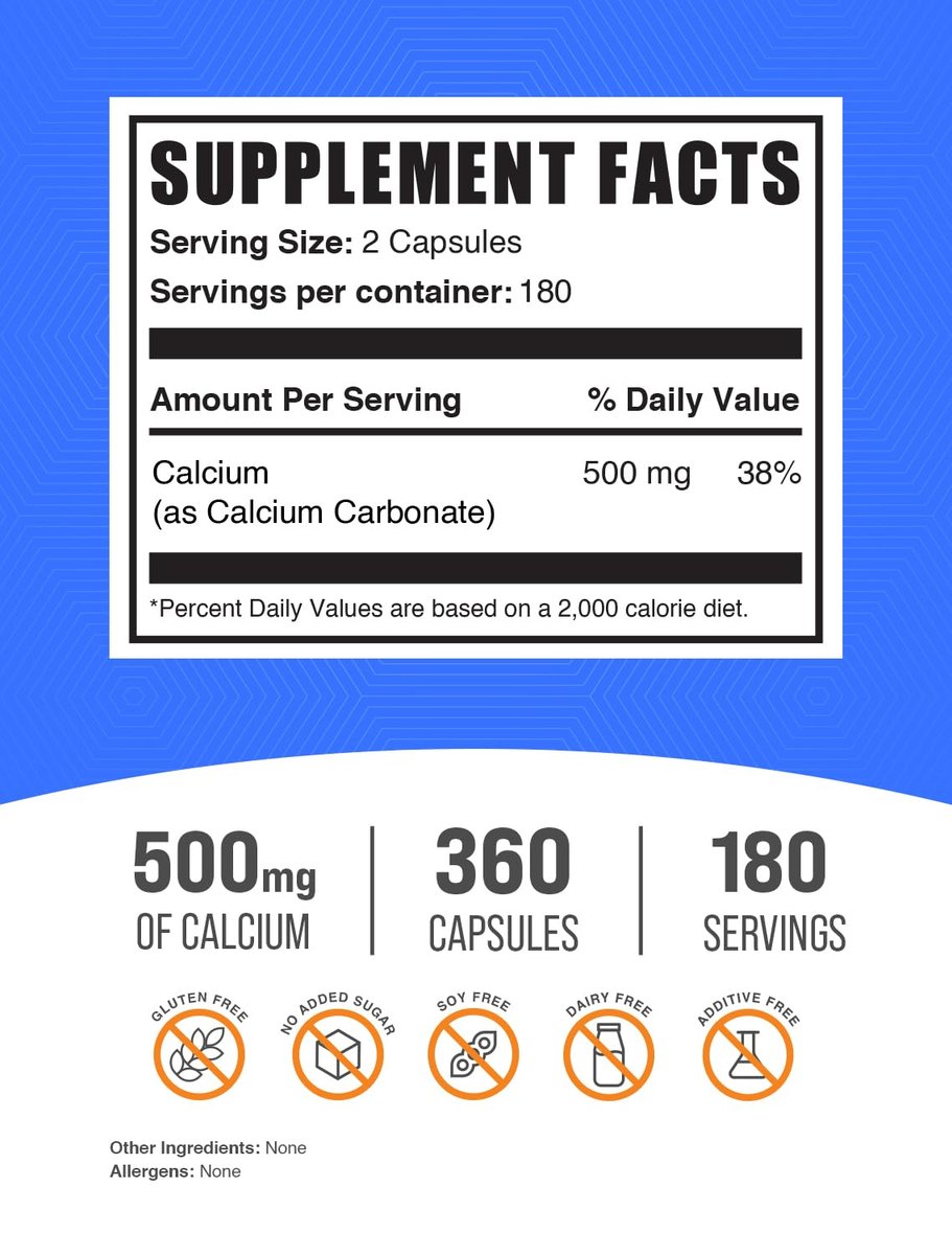 BulkSupplements.com Calcium Carbonate Kapseln – Calciumcarbonat Ergänzung, 500 mg pro Portion, glutenfrei, 360 Kapseln (1 Packung)