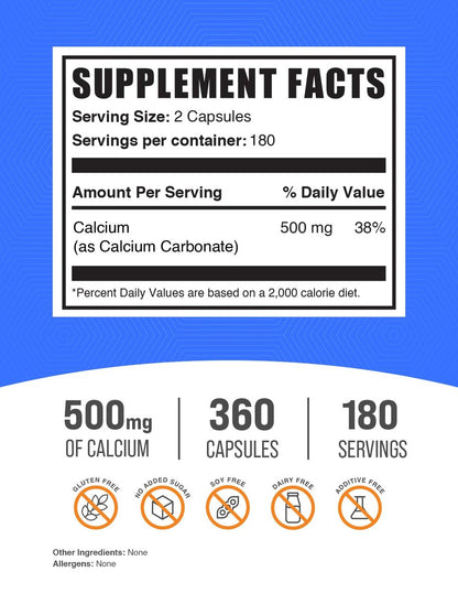 BulkSupplements.com Calcium Carbonate Kapseln – Calciumcarbonat Ergänzung, 500 mg pro Portion, glutenfrei, 360 Kapseln (1 Packung)