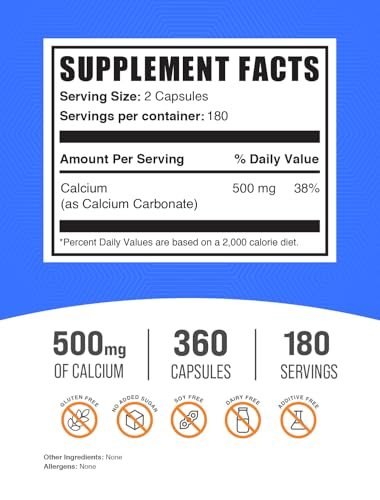 BulkSupplements.com Calcium Carbonate Kapseln – Calciumcarbonat Ergänzung, 500 mg pro Portion, glutenfrei, 360 Kapseln (1 Packung)