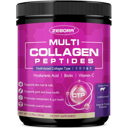 ZEBORA Multi-Collagen-Peptide-Pulver – Hydrolysiertes Kollagen Typ I, II, III, V, X mit Hyaluronsäure, Biotin, Vitamin C – Unterstützt Haut, Haare, Nägel, Gelenke – Ohne Geschmack, Keto-freundlich, 35 Portionen
