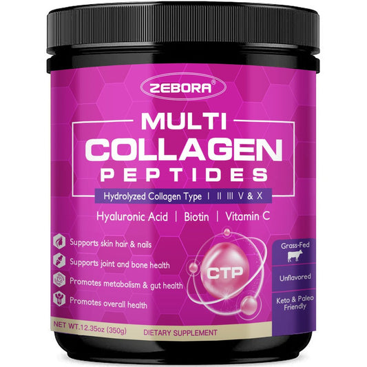 ZEBORA Multi-Collagen-Peptide-Pulver – Hydrolysiertes Kollagen Typ I, II, III, V, X mit Hyaluronsäure, Biotin, Vitamin C – Unterstützt Haut, Haare, Nägel, Gelenke – Ohne Geschmack, Keto-freundlich, 35 Portionen