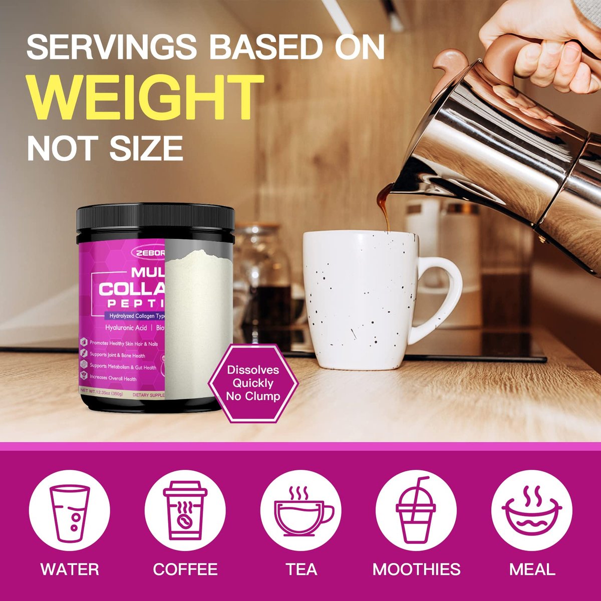 ZEBORA Multi-Collagen-Peptide-Pulver – Hydrolysiertes Kollagen Typ I, II, III, V, X mit Hyaluronsäure, Biotin, Vitamin C – Unterstützt Haut, Haare, Nägel, Gelenke – Ohne Geschmack, Keto-freundlich, 35 Portionen