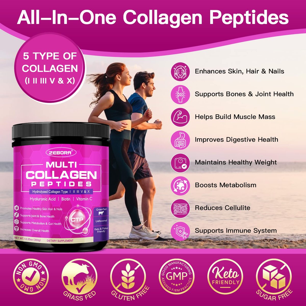 ZEBORA Multi-Collagen-Peptide-Pulver – Hydrolysiertes Kollagen Typ I, II, III, V, X mit Hyaluronsäure, Biotin, Vitamin C – Unterstützt Haut, Haare, Nägel, Gelenke – Ohne Geschmack, Keto-freundlich, 35 Portionen