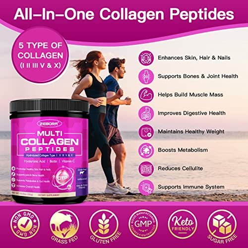 ZEBORA Multi-Collagen-Peptide-Pulver – Hydrolysiertes Kollagen Typ I, II, III, V, X mit Hyaluronsäure, Biotin, Vitamin C – Unterstützt Haut, Haare, Nägel, Gelenke – Ohne Geschmack, Keto-freundlich, 35 Portionen