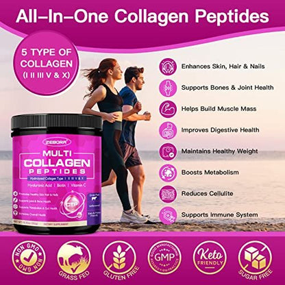 ZEBORA Multi-Collagen-Peptide-Pulver – Hydrolysiertes Kollagen Typ I, II, III, V, X mit Hyaluronsäure, Biotin, Vitamin C – Unterstützt Haut, Haare, Nägel, Gelenke – Ohne Geschmack, Keto-freundlich, 35 Portionen