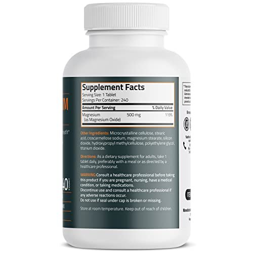 Bronson Magnesium 500 mg – 240 vegane Tabletten für Knochen-, Muskel- und Nervengesundheit, Nicht-GMO
