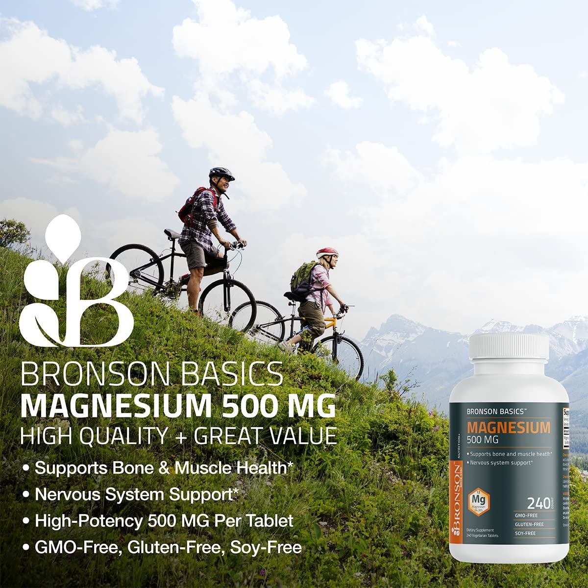 Bronson Magnesium 500 mg – 240 vegane Tabletten für Knochen-, Muskel- und Nervengesundheit, Nicht-GMO