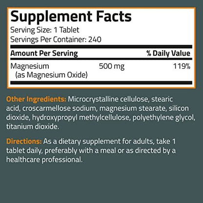 Bronson Magnesium 500 mg – 240 vegane Tabletten für Knochen-, Muskel- und Nervengesundheit, Nicht-GMO