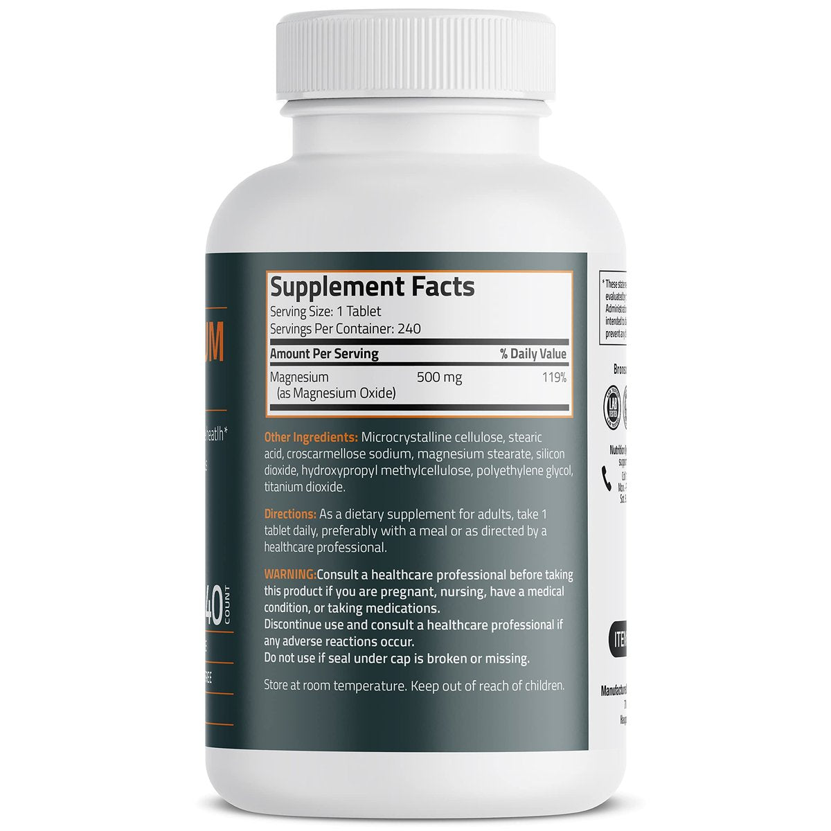 Bronson Magnesium 500 mg – 240 vegane Tabletten für Knochen-, Muskel- und Nervengesundheit, Nicht-GMO