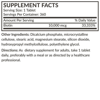 Futurebiotics Biotin 10.000 MCG Hochdosiert – 360 vegane Tabletten für gesundes Haar, Haut & Nägel & Energieproduktion, Non-GMO