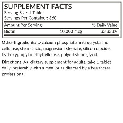 Futurebiotics Biotin 10.000 MCG Hochdosiert – 360 vegane Tabletten für gesundes Haar, Haut & Nägel & Energieproduktion, Non-GMO