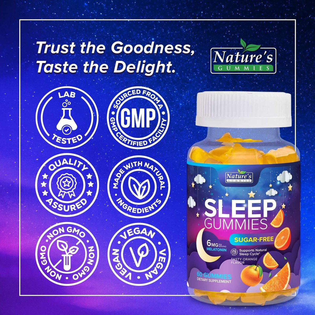 Schlaf Gummis für Erwachsene - Zuckerfrei Melatonin 6 mg pro Portion - Natürliche Null-Zucker Schlafgummis für Erwachsene & Kinder, Orangengeschmack, Extra Starke Unterstützung - 60 Gummis