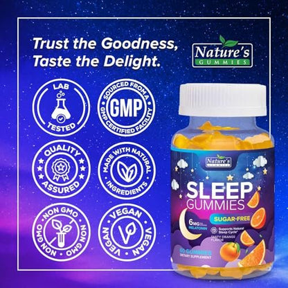 Schlaf Gummis für Erwachsene - Zuckerfrei Melatonin 6 mg pro Portion - Natürliche Null-Zucker Schlafgummis für Erwachsene & Kinder, Orangengeschmack, Extra Starke Unterstützung - 60 Gummis
