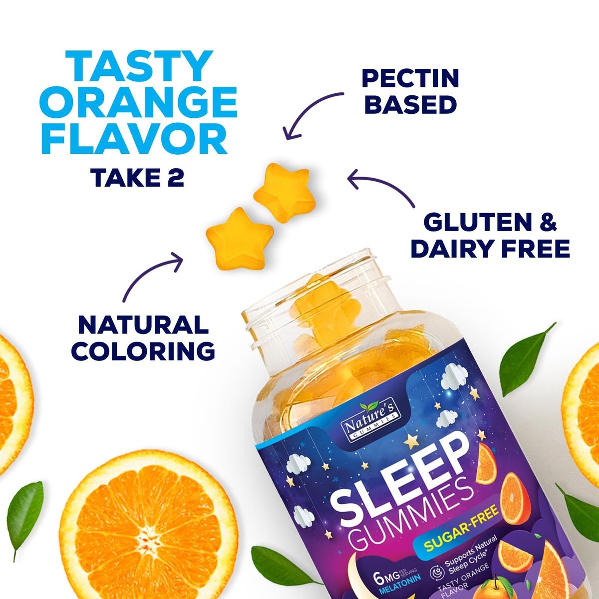 Schlaf Gummis für Erwachsene - Zuckerfrei Melatonin 6 mg pro Portion - Natürliche Null-Zucker Schlafgummis für Erwachsene & Kinder, Orangengeschmack, Extra Starke Unterstützung - 60 Gummis