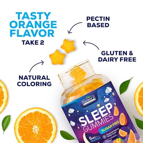 Schlaf Gummis für Erwachsene - Zuckerfrei Melatonin 6 mg pro Portion - Natürliche Null-Zucker Schlafgummis für Erwachsene & Kinder, Orangengeschmack, Extra Starke Unterstützung - 60 Gummis