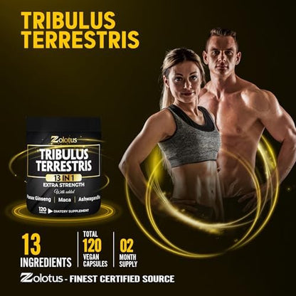 Zolotus 13-in-1 Tribulus Terrestris Kapseln mit Maca, Bockshornklee, Panax Ginseng, Sägepalme, Tongkat Ali, Shilajit & mehr – Energie- und Ausdauerergänzung für Männer und Frauen – 120 Kapseln