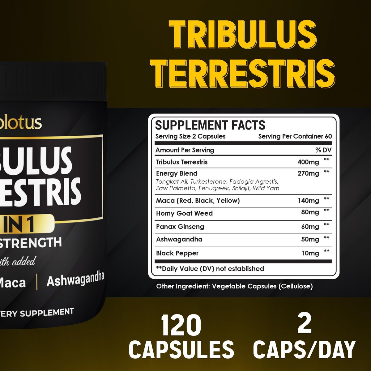 Zolotus 13-in-1 Tribulus Terrestris Kapseln mit Maca, Bockshornklee, Panax Ginseng, Sägepalme, Tongkat Ali, Shilajit & mehr – Energie- und Ausdauerergänzung für Männer und Frauen – 120 Kapseln
