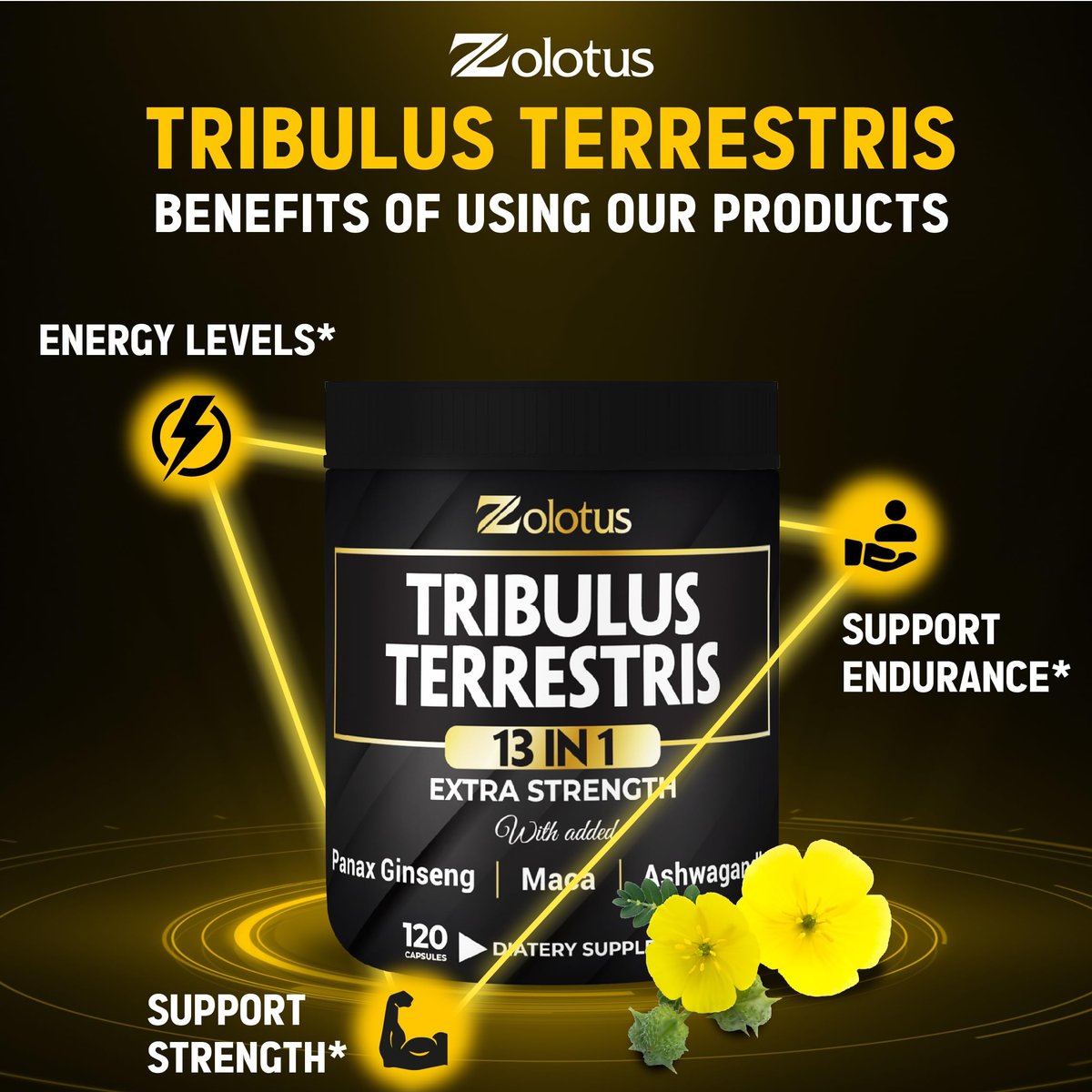 Zolotus 13-in-1 Tribulus Terrestris Kapseln mit Maca, Bockshornklee, Panax Ginseng, Sägepalme, Tongkat Ali, Shilajit & mehr – Energie- und Ausdauerergänzung für Männer und Frauen – 120 Kapseln