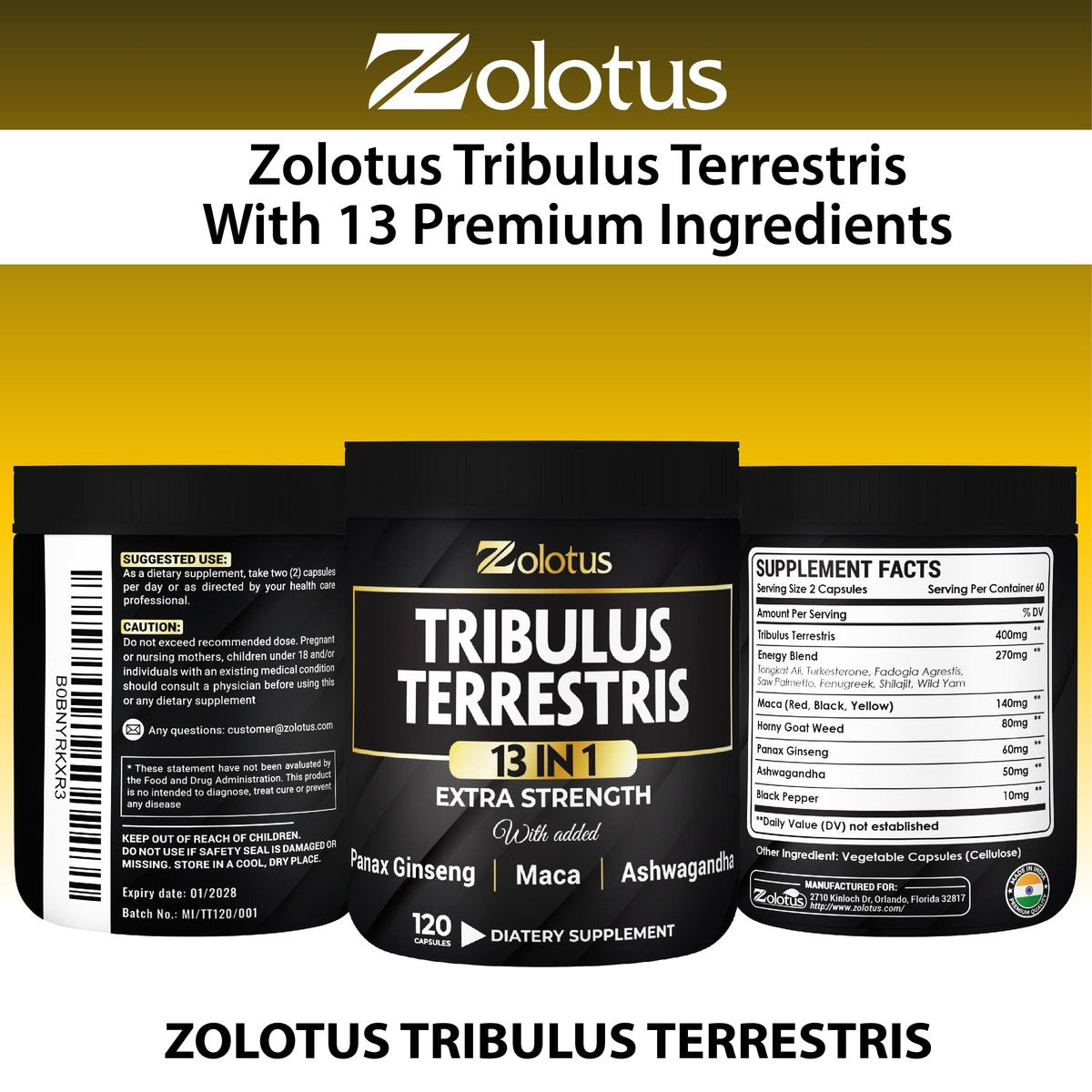 Zolotus 13-in-1 Tribulus Terrestris Kapseln mit Maca, Bockshornklee, Panax Ginseng, Sägepalme, Tongkat Ali, Shilajit & mehr – Energie- und Ausdauerergänzung für Männer und Frauen – 120 Kapseln