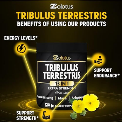 Zolotus 13-in-1 Tribulus Terrestris Kapseln mit Maca, Bockshornklee, Panax Ginseng, Sägepalme, Tongkat Ali, Shilajit & mehr – Energie- und Ausdauerergänzung für Männer und Frauen – 120 Kapseln