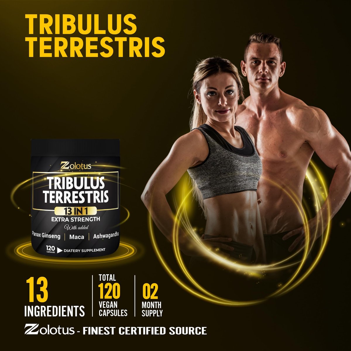 Zolotus 13-in-1 Tribulus Terrestris Kapseln mit Maca, Bockshornklee, Panax Ginseng, Sägepalme, Tongkat Ali, Shilajit & mehr – Energie- und Ausdauerergänzung für Männer und Frauen – 120 Kapseln