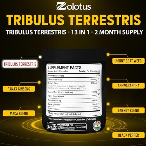 Zolotus 13-in-1 Tribulus Terrestris Kapseln mit Maca, Bockshornklee, Panax Ginseng, Sägepalme, Tongkat Ali, Shilajit & mehr – Energie- und Ausdauerergänzung für Männer und Frauen – 120 Kapseln