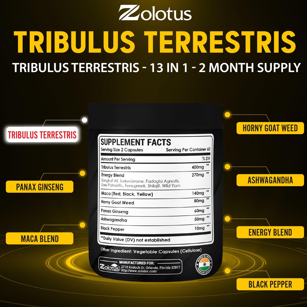 Zolotus 13-in-1 Tribulus Terrestris Kapseln mit Maca, Bockshornklee, Panax Ginseng, Sägepalme, Tongkat Ali, Shilajit & mehr – Energie- und Ausdauerergänzung für Männer und Frauen – 120 Kapseln