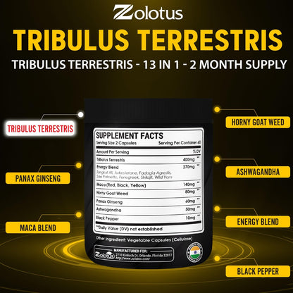 Zolotus 13-in-1 Tribulus Terrestris Kapseln mit Maca, Bockshornklee, Panax Ginseng, Sägepalme, Tongkat Ali, Shilajit & mehr – Energie- und Ausdauerergänzung für Männer und Frauen – 120 Kapseln