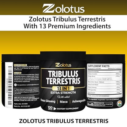 Zolotus 13-in-1 Tribulus Terrestris Kapseln mit Maca, Bockshornklee, Panax Ginseng, Sägepalme, Tongkat Ali, Shilajit & mehr – Energie- und Ausdauerergänzung für Männer und Frauen – 120 Kapseln