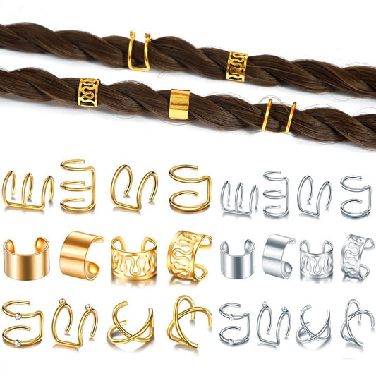 24-teiliges Set Gold-Silber Haar Dreadlock Clips: Nicht-piercende Ohrclip-Haarbügel für Männer & Frauen – Edelstahl-Haarschmuck