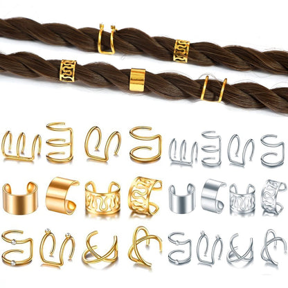 24-teiliges Set Gold-Silber Haar Dreadlock Clips: Nicht-piercende Ohrclip-Haarbügel für Männer & Frauen – Edelstahl-Haarschmuck