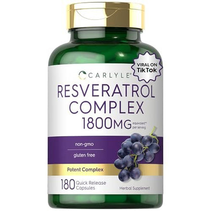 Carlyle Resveratrol Komplex – 180 Kapseln – Trans-Resveratrol mit Traubenkernextrakt – Non-GMO, Glutenfrei