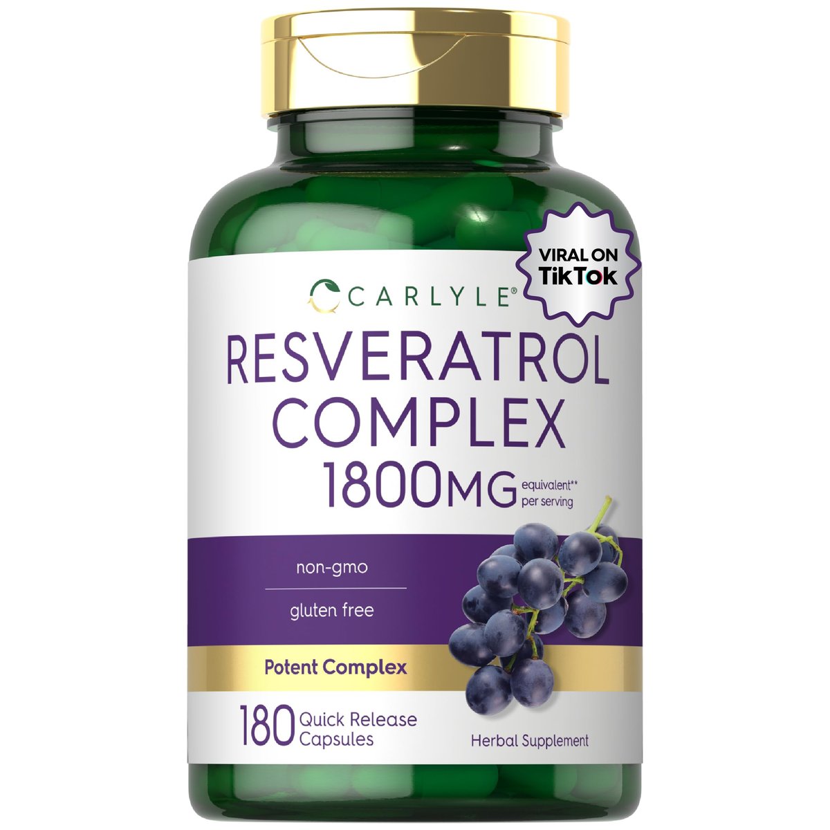 Carlyle Resveratrol Komplex – 180 Kapseln – Trans-Resveratrol mit Traubenkernextrakt – Non-GMO, Glutenfrei