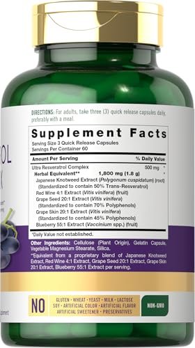Carlyle Resveratrol Komplex – 180 Kapseln – Trans-Resveratrol mit Traubenkernextrakt – Non-GMO, Glutenfrei