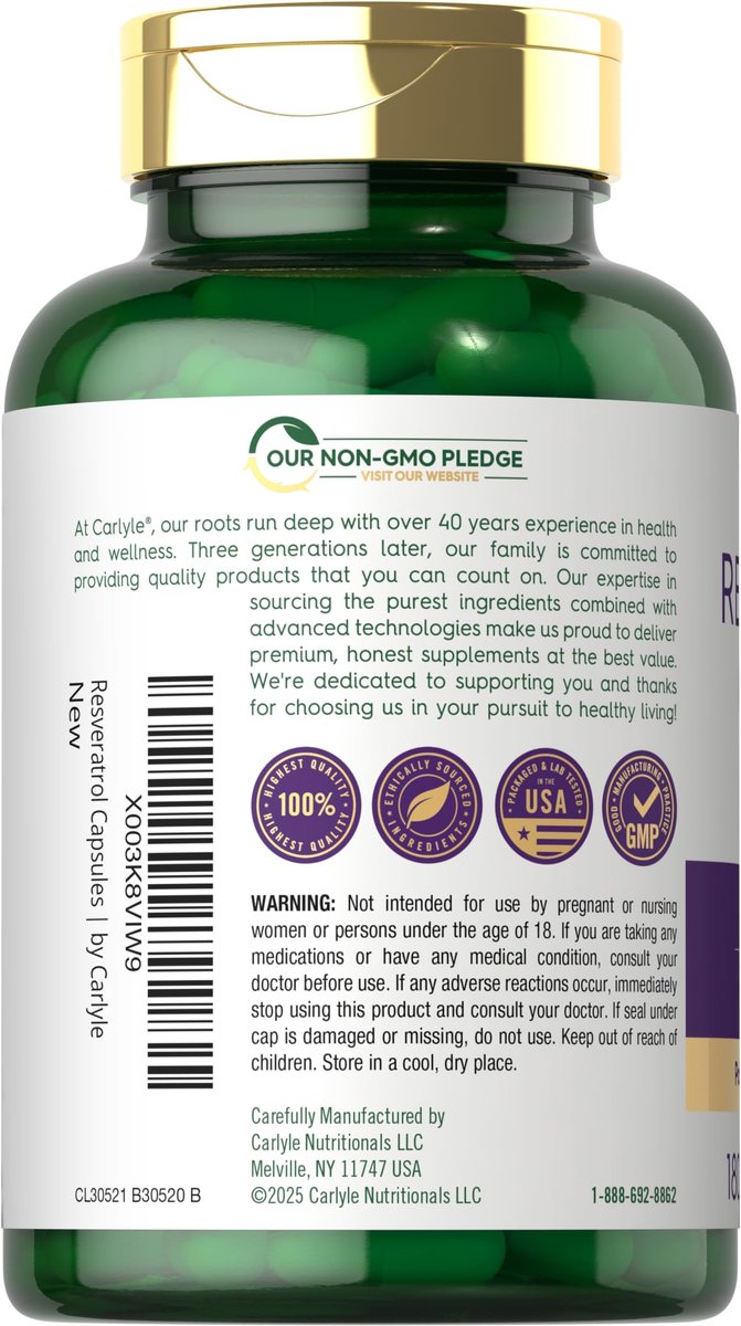 Carlyle Resveratrol Komplex – 180 Kapseln – Trans-Resveratrol mit Traubenkernextrakt – Non-GMO, Glutenfrei