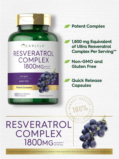 Carlyle Resveratrol Komplex – 180 Kapseln – Trans-Resveratrol mit Traubenkernextrakt – Non-GMO, Glutenfrei