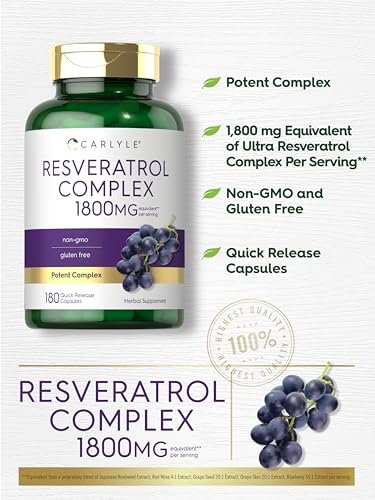 Carlyle Resveratrol Komplex – 180 Kapseln – Trans-Resveratrol mit Traubenkernextrakt – Non-GMO, Glutenfrei