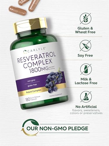 Carlyle Resveratrol Komplex – 180 Kapseln – Trans-Resveratrol mit Traubenkernextrakt – Non-GMO, Glutenfrei