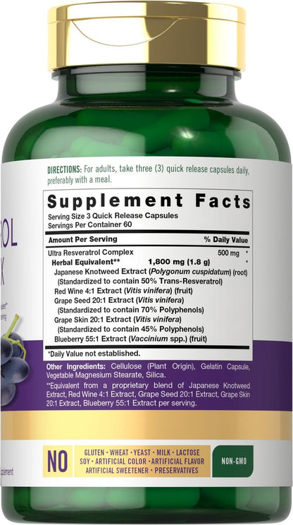 Carlyle Resveratrol Komplex – 180 Kapseln – Trans-Resveratrol mit Traubenkernextrakt – Non-GMO, Glutenfrei