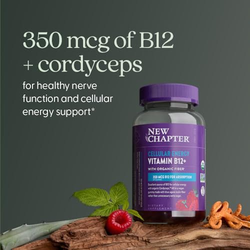 New Chapter® Bioaktive Vitamin B12+ Gummis – 47 % weniger Zucker§, USDA Bio, vegan, mit Cordyceps, zwei Gummis täglich für zelluläre Energieunterstützung, ohne Gentechnik, glutenfrei, Himbeergeschmack, 60 Stück