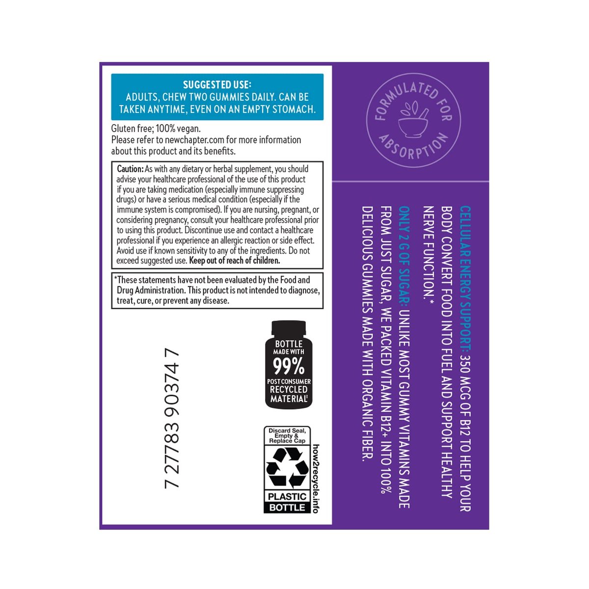 New Chapter® Bioaktive Vitamin B12+ Gummis – 47 % weniger Zucker§, USDA Bio, vegan, mit Cordyceps, zwei Gummis täglich für zelluläre Energieunterstützung, ohne Gentechnik, glutenfrei, Himbeergeschmack, 60 Stück