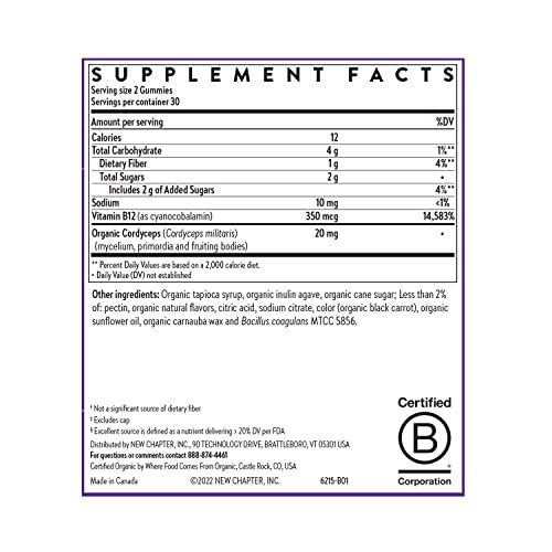 New Chapter® Bioaktive Vitamin B12+ Gummis – 47 % weniger Zucker§, USDA Bio, vegan, mit Cordyceps, zwei Gummis täglich für zelluläre Energieunterstützung, ohne Gentechnik, glutenfrei, Himbeergeschmack, 60 Stück